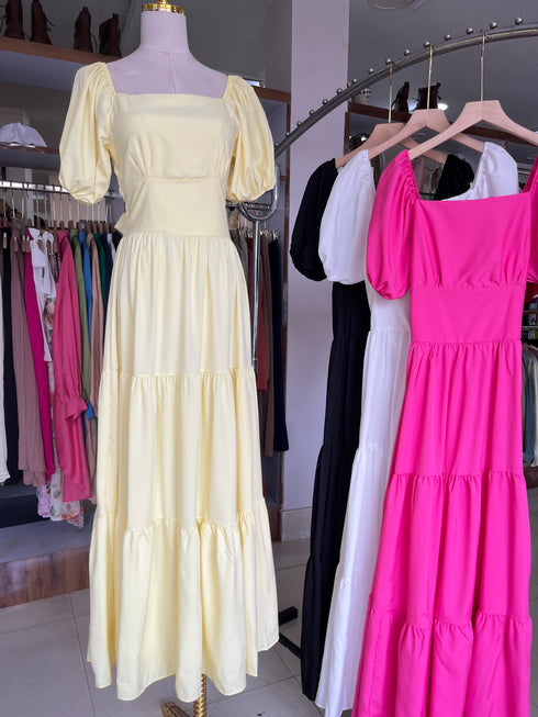 Square Neckline Puff Sleeves Flounce Long Dress